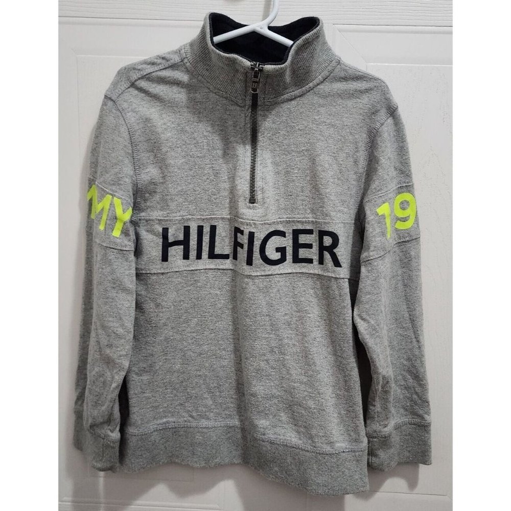 Tommy Hilfiger Boys Pullover Quarter Zip Gray Spellout Sweatshirt Youth Size 7